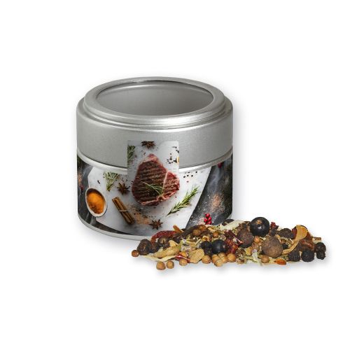 Christmas spice mix venison, ca. 50g, metal tin mini silver with window with label