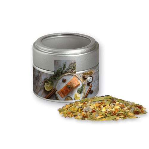 Christmas spice mix fish, ca. 55g, metal tin mini silver with window with label