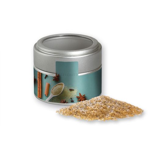 Vanilla sugar, ca. 85g, metal tin mini silver with window with label