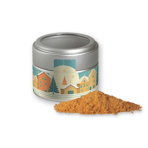 Spice mix printen, ca. 70g, metal tin mini silver with window with label