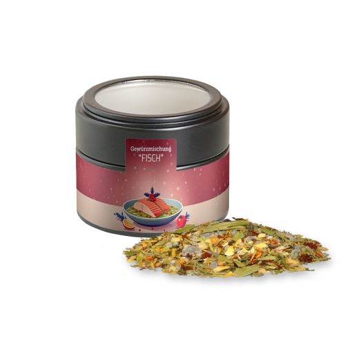 Christmas spice mix fish, ca. 30g, metal tin mini black with window with label