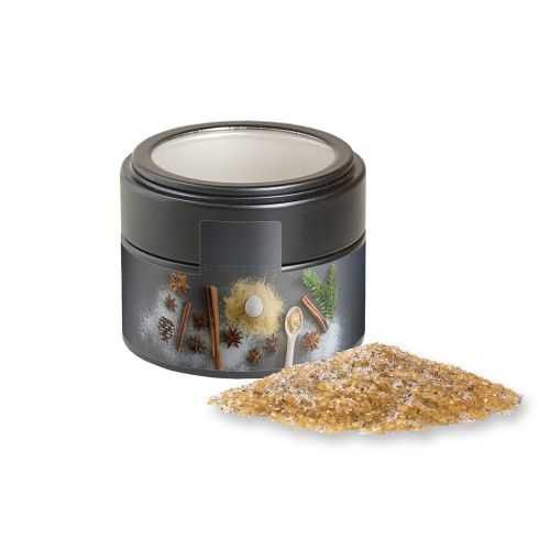 Vanilla sugar, ca. 85g, metal tin mini black with window with label