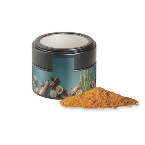 Spice mix printen, ca. 70g, metal tin mini black with window with label