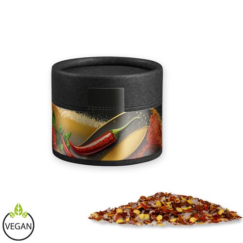 Chili salt, ca. 30g, cardboard can mini black with label