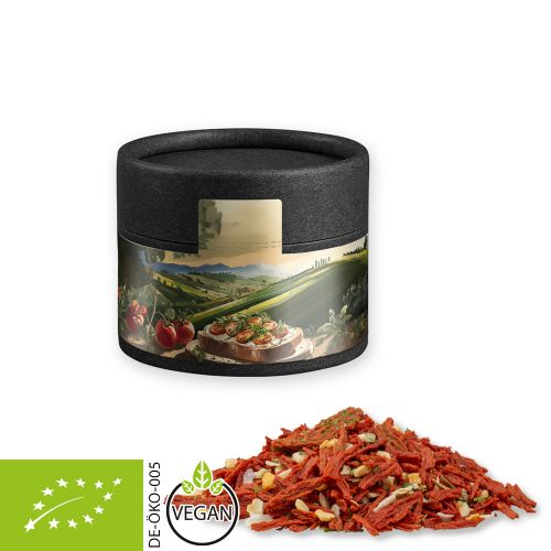 Organic tuscan bruschetta, ca. 28g, cardboard can mini black with label