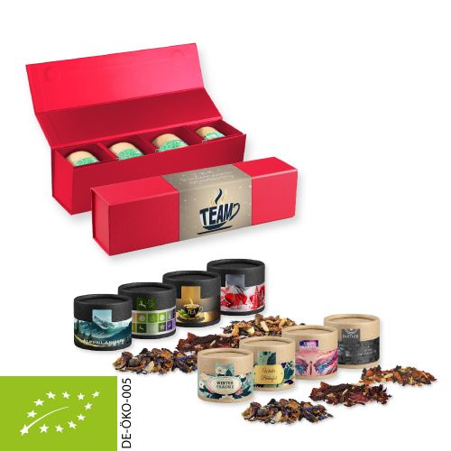 Various Christmas tea sorts organic and non organic, ca. 80-120g, gift set premium red with 4 cardboard can mini