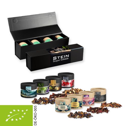 Various Christmas tea sorts organic and non organic, ca. 80-120g, gift set premium black with 4 cardboard can mini