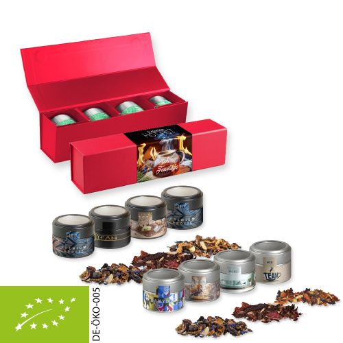 Various Christmas tea sorts organic and non organic, ca. 120-140g, gift set premium red with 4 metal tin mini with window