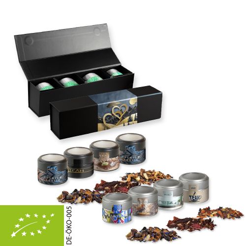 Various Christmas tea sorts organic and non organic, ca. 120-140g, gift set premium black with 4 metal tin mini with window
