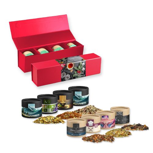 Various Christmas spice mixture, ca. 80-160g, gift set premium red with 4 cardboard can mini