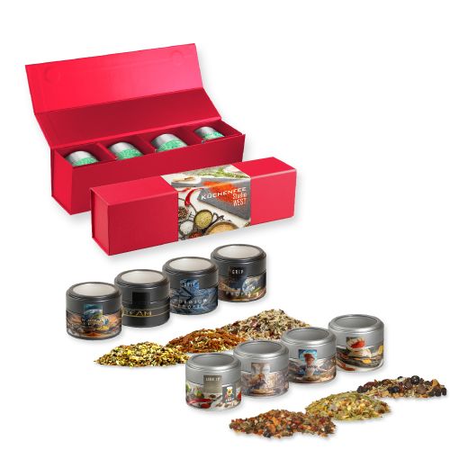 Various Christmas spice mixture, ca. 120-140g, gift set premium red with 4 metal tin mini with window