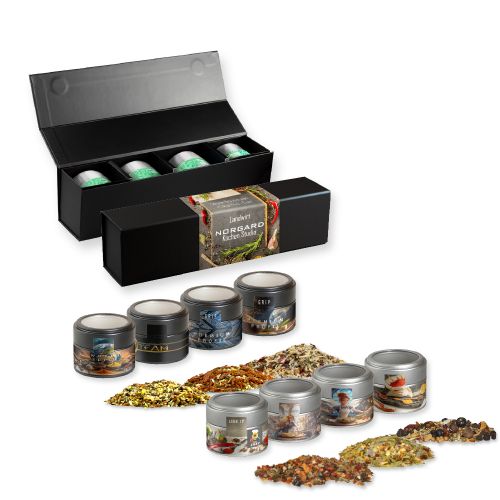 Various Christmas spice mixture, ca. 120-140g, gift set premium black with 4 metal tin mini with window