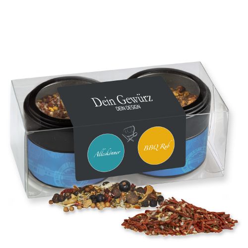 Various Christmas spice mixture, ca. 60-110g, 2-set metal tin mini with window with label