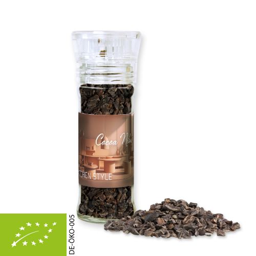 Organic cocoa nibs, ca. 40g, transparent spice mill with label