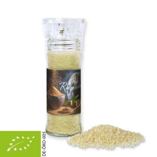Organic raw cane sugar, ca. 80g, transparent spice mill with label