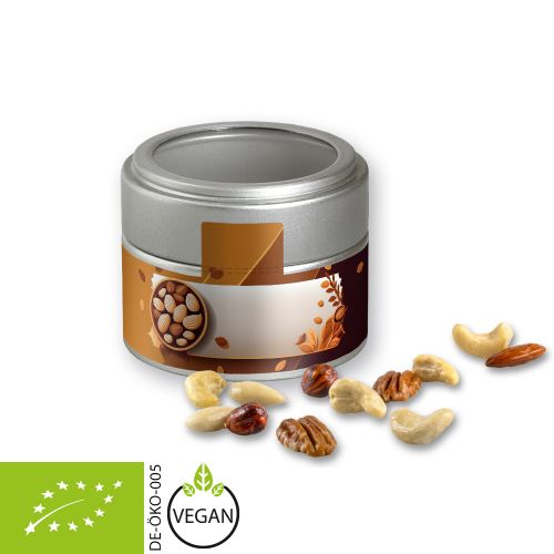 Organic nut mix , ca. 60g, metal tin mini silver with window with label