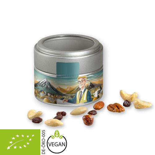 Organic trail mix, ca. 60g, metal tin mini silver with window with label