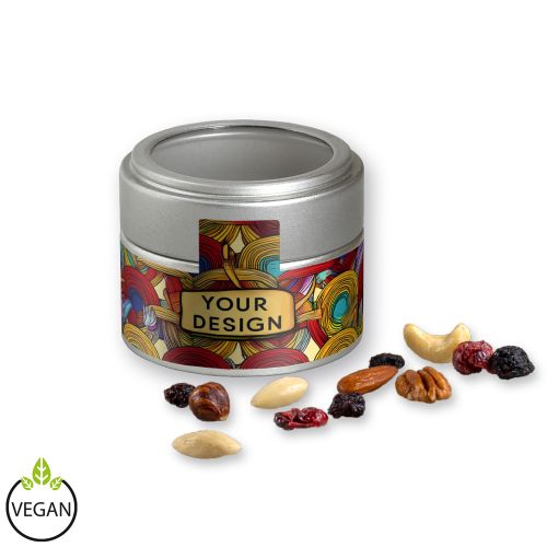 Premium trail mix, ca. 60g, metal tin mini silver with window with label