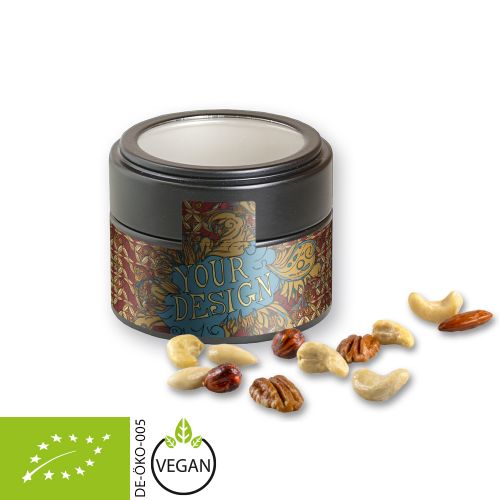 Organic nut mix , ca. 60g, metal tin mini black with window with label