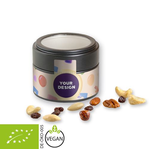 Organic trail mix, ca. 60g, metal tin mini black with window with label