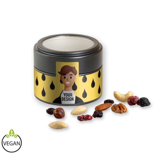 Premium trail mix, ca. 60g, metal tin mini black with window with label