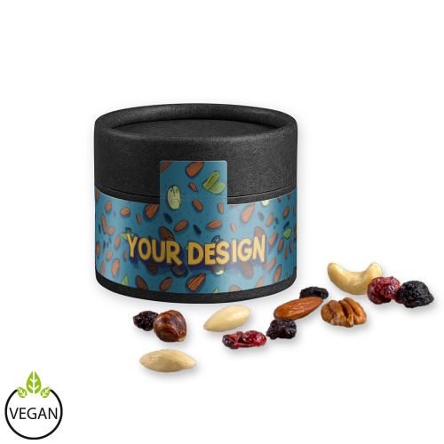 Premium trail mix, ca. 40g, cardboard can mini black with label