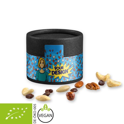 Organic trail mix, ca. 40g, cardboard can mini black with label