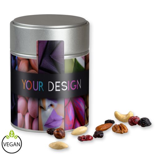 Premium trail mix, ca. 100g, metal tin midi silver with label