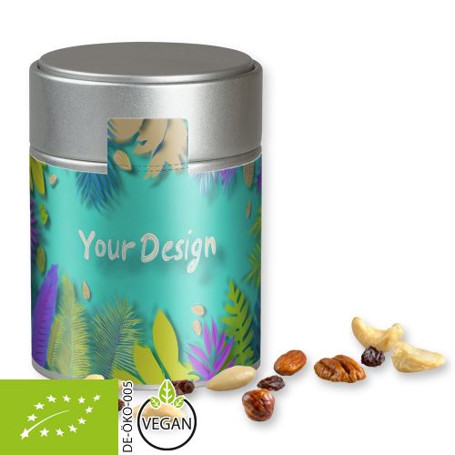 Organic trail mix, ca. 100g, metal tin midi silver with label