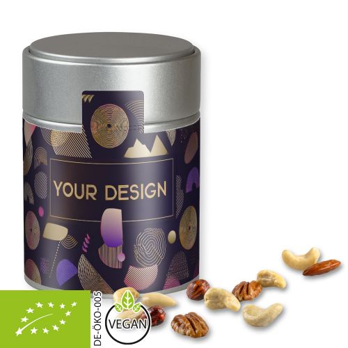 Organic nut mix , ca. 100g, metal tin midi silver with label