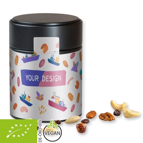 Organic trail mix, ca. 100g, metal tin midi black with label