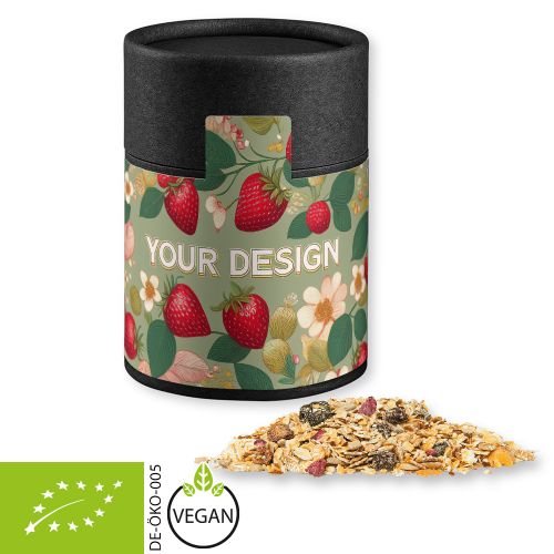Organic muesli strawberry, ca. 60g, cardboard can midi black with label