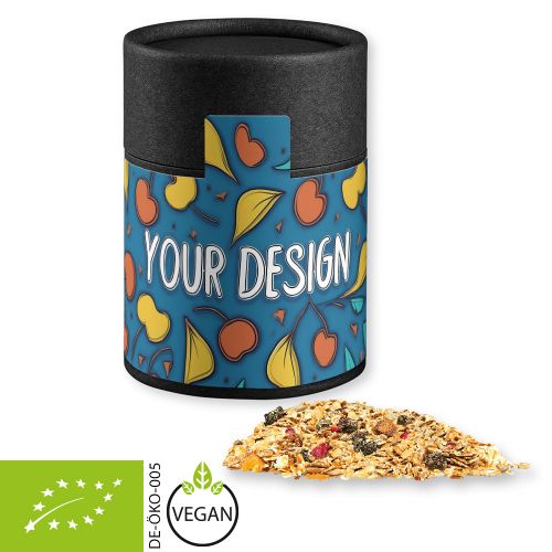 Organic muesli sour cherry, ca. 60g, cardboard can midi black with label