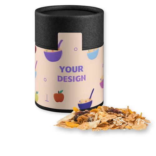 Muesli apple cranberry, ca. 60g, cardboard can midi black with label