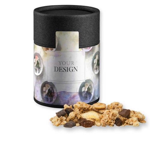 Muesli crunchy banana-choco, ca. 70g, cardboard can midi black with label