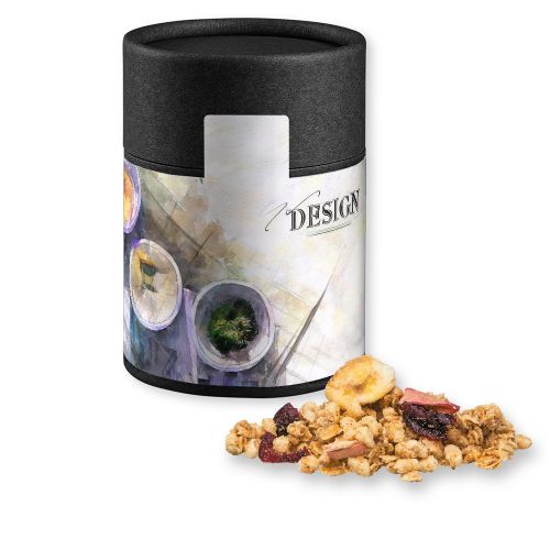Muesli crunchy fruit, ca. 50g, cardboard can midi black with label