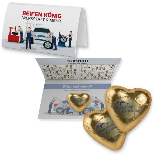 Golden chocolate heart, ca. 9g, express promotional card A6 folded with print