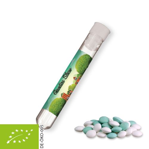 Organic mint chocolate lentils, ca. 10g, test tube with label