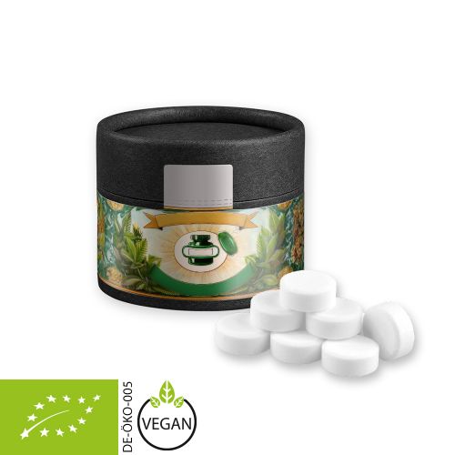Organic peppermint drops, ca. 40g, cardboard can mini black with label