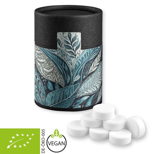Organic peppermint drops, ca. 80g, cardboard can midi black with label