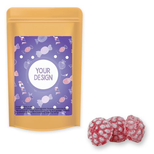 Raspberry candy (vegan), ca. 80g, midi stand up pouch with label
