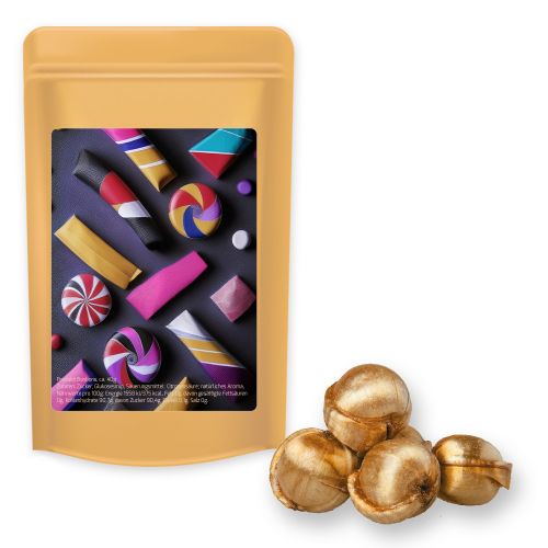 Golden nuts candy (vegan), ca. 80g, midi stand up pouch with label