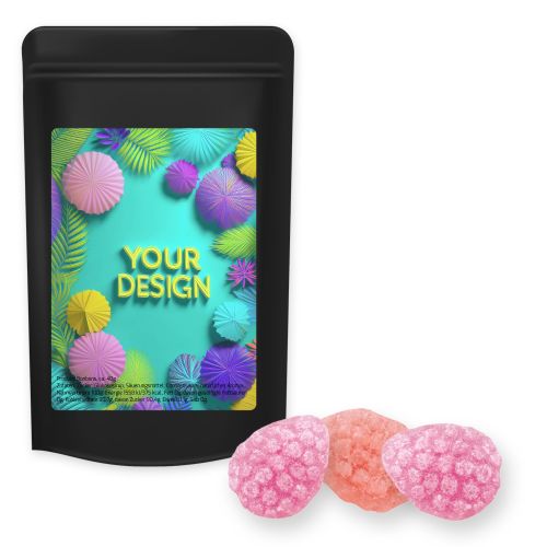 Strawberry chili candy, ca. 80g, midi stand up pouch black with label