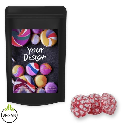 Raspberry candy, ca. 80g, midi stand up pouch black with label