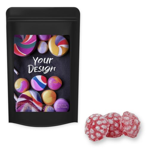 Raspberry candy (vegan), ca. 80g, midi stand up pouch black with label