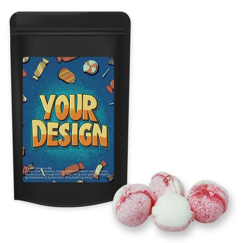 Strawberry yogurt candy (vegan), ca. 80g, midi stand up pouch black with label