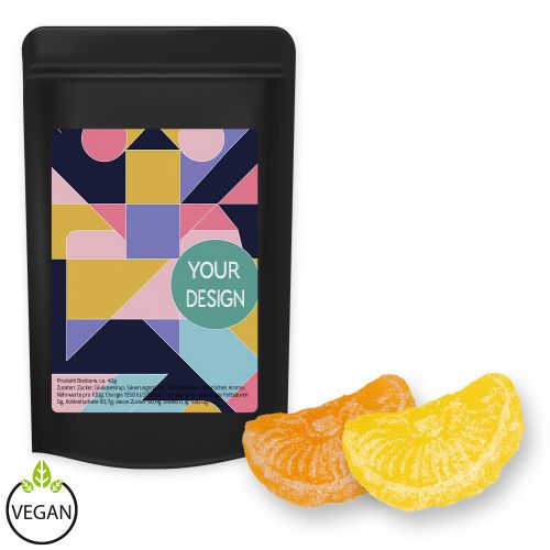Lemon and orange candy, ca. 80g, midi stand up pouch black with label