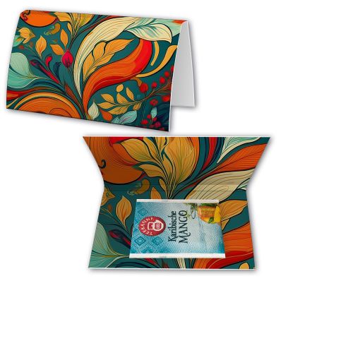 Bag of tea Caribbean mango, ca. 2,5g, express promotional card A6 folded with print