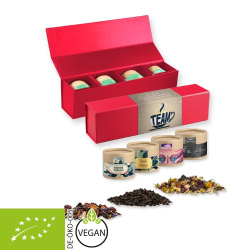 Various tea sorts organic and non organic, ca. 60-140g, gift set premium red with 4 cardboard can mini