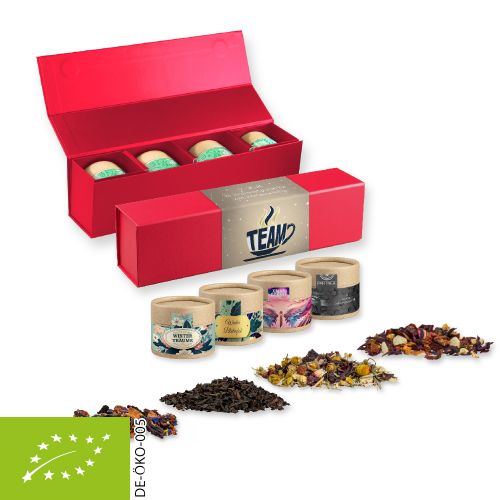 Various tea sorts organic and non organic, ca. 60-140g, gift set premium red with 4 cardboard can mini